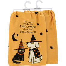 Load image into Gallery viewer, 100% cotton Halloween-themed dish towel with a grumpy cat and dog against a yellow backdrop.