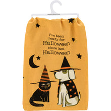 Load image into Gallery viewer, Kitchen towel showcasing a comical cat and dog in Halloween attire on a black star print motif.
