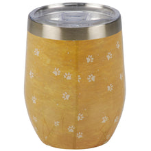 Load image into Gallery viewer, Insulated wine tumbler in kraft paper packaging, showcasing a full design of paw prints and whimsical cat and dog with the caption &#39;Let&#39;s Drink Wine And Judge The Humans.