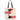 An off-white canvas tote bag with black shoulder straps, featuring a graphic illustration of two dachshunds in red and white striped outfits on the front.
