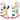 A pair of Christmas-themed oven mitts featuring a light blue background with a playful print of yellow dogs, Santa Claus, a Christmas tree, and holiday gifts, finished with red trim and handles.