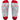 A pair of Christmas-themed crew socks with a light blue and white snowflake pattern, featuring red cuffs, heels, and toes, and red candy cane motifs.