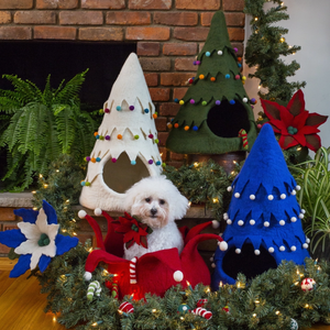 Cream-colored wool Christmas Tree Dog Bed with playful pom-pom ornaments, creating a festive and cozy hideaway for your furry friend