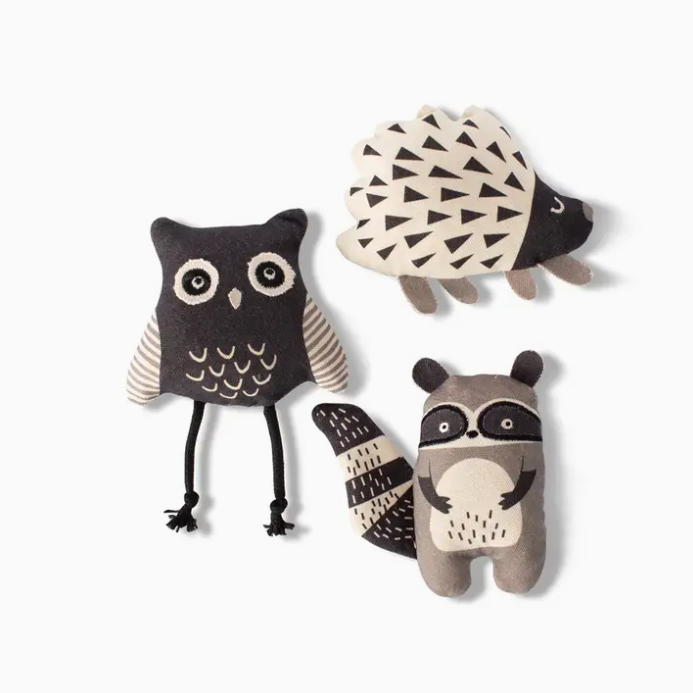 Wild Ones Dog Toy Set - raccoon, owl, and hedgehog designs with crinkle paper, squeakers, and rope.