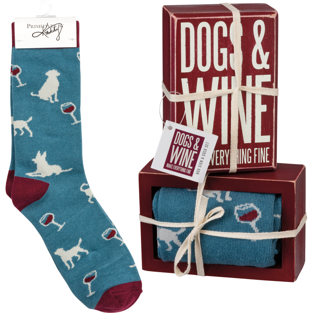 Birthday Gifts for Dog Lovers, Dogs And Wine Make Everything Fine Socks And Sign Set