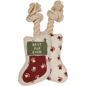 Dog Christmas Toy With rope And Squeaker With The Words "Best Pup Ever"