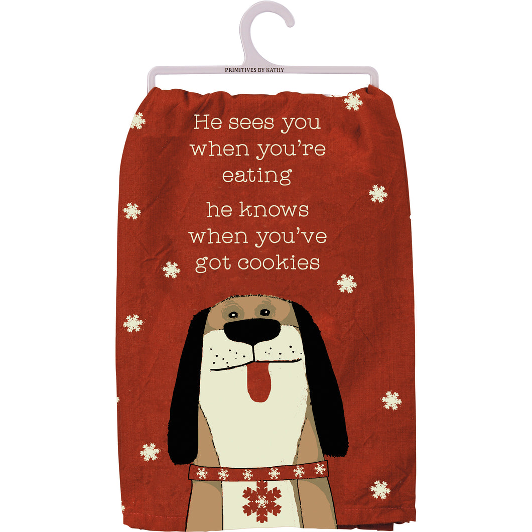 Dog Themed Christmas Decor, He Sees You When You're Eating He Knows When You've Got Cookies Dog Christmas Towel