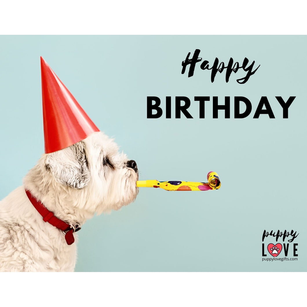 Happy Birthday Dog Card Featuring A Dog Blowing A Party Whistle