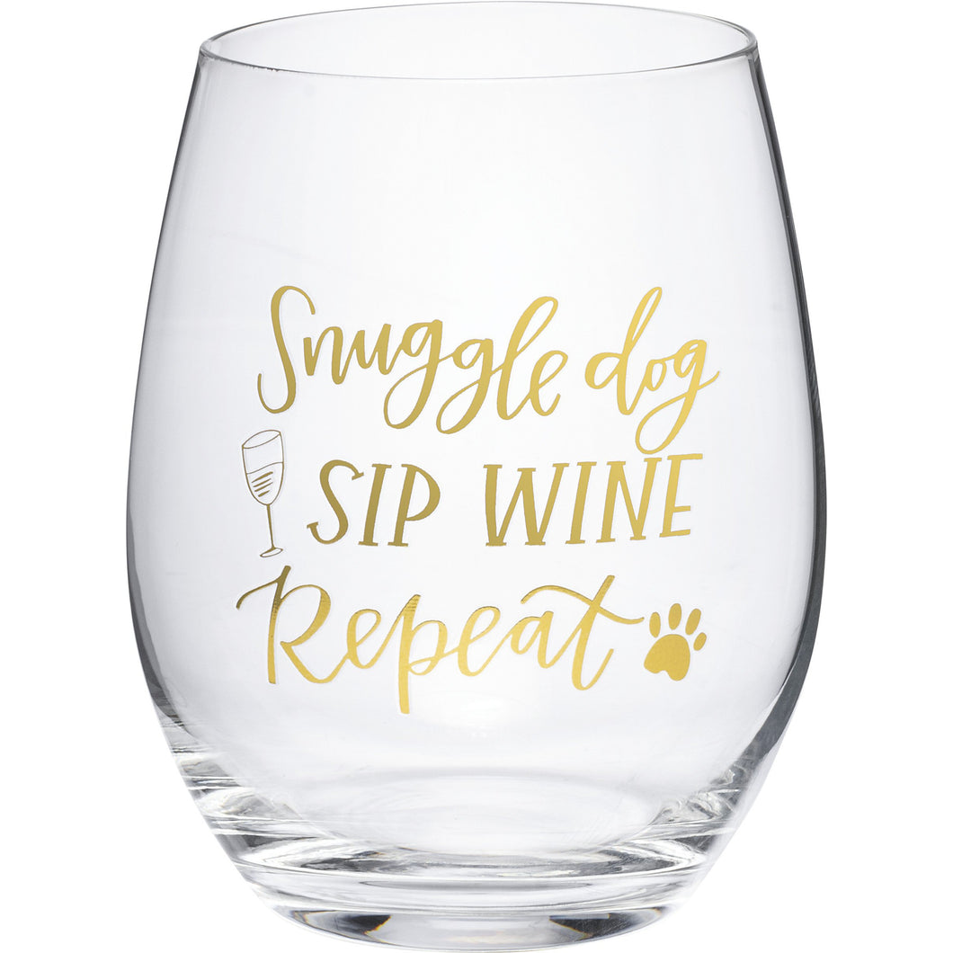 Dog Wine Glasses with the Words Snuggle Dog Sip Wine Repeat Printed On the Front