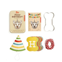 Load image into Gallery viewer, Dog Birthday Party Kit With A Dog Treat Recipe Book Bone Shaped Cookie Cutter Banner Confetti And A Birthday Hat