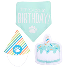 Load image into Gallery viewer, Dog Birthday Party Kit With A Squeaky Cake Toy A Bandana And A Dog Birthday Hat