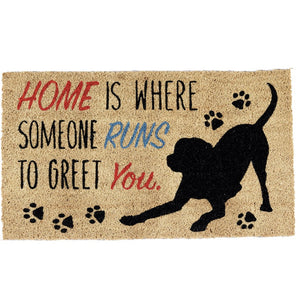 Home Is Where Someone Runs To Greet You Black Dog Welcome Mat