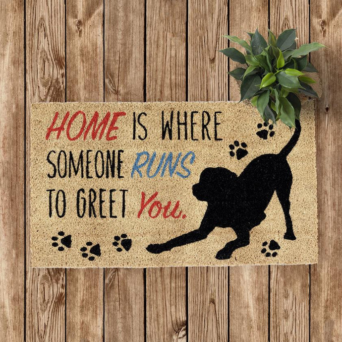 Dog Themed Doormats, Dog Welcome Mat, Home Is Where Someone Runs To Greet You Dog Frontdoor Doormat